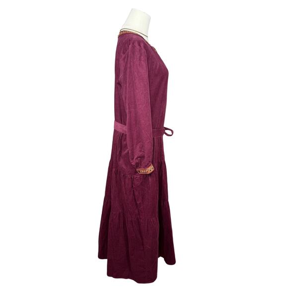 Johnny Was Corduroy Ruffle Midi Dress | Maroon Belted Coastal Cowgirl | NWT | L - Picture 6 of 14
